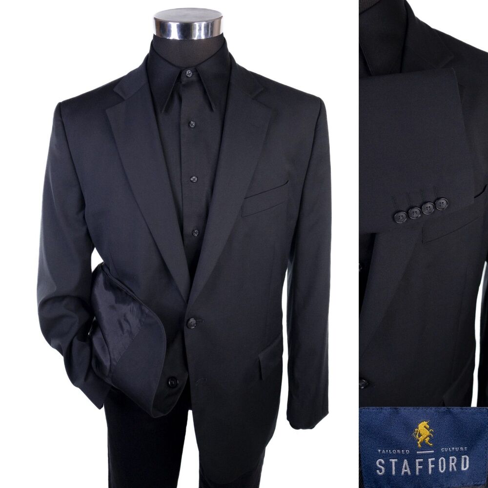 Stafford Blazer Sport Coat 44R Classic Fit Wool Blend Solid Black Travel Jacket